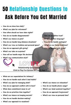 a poster with the words 50 Relationship Questions to Ask Before You Get Married Topics To Discuss Before Marriage, Marriage Questions, Fun Couples Quiz, English Questions, Boyfriend Questions