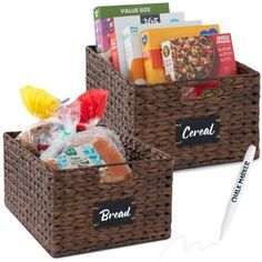 two brown baskets filled with food and condiments