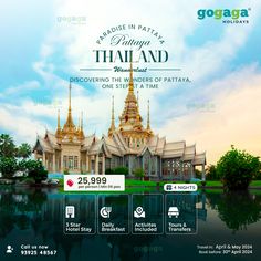 an advertisement for the grand palace in pattaya, thailand with images of buildings and trees