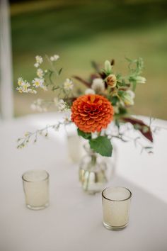 an orange flower in a vase and two glasses on a white table with grass behind it