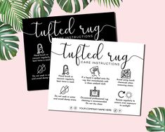 two cards with the words tuffed rug instructions on them