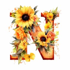 the letter n is made up of sunflowers and leaves, painted in watercolor