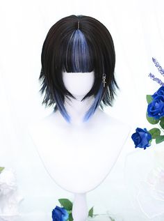 Gothic Wigs Black, Croquis, Hairstyles For Medium Length Hair For Concert, Cute Wigs Short, Lace Front Wigs Blue, Black Edges Hair, Black And Hair Color, Japanese Hair Piece, Pixie Blue Hair