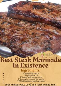 an advertisement for the best steak marinade in existences, featuring two large pieces of meat on a plate