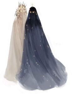 two veils with gold stars on them are shown in this drawing, one is white and the other is blue