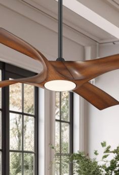 a ceiling fan that is hanging from the ceiling in a room with large windows and potted plants