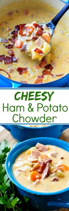 cheesy ham and potato chowder with bacon in a blue bowl