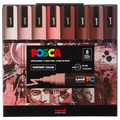 an assortment of different colors of lipstick in a display box with the words posca on it