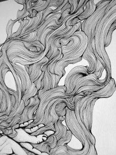 a drawing of a woman's face with hair blowing in the wind