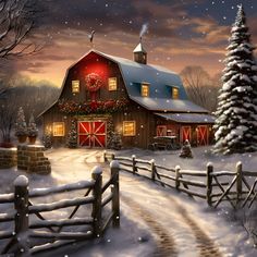 a painting of a barn in the snow with christmas decorations on it's roof