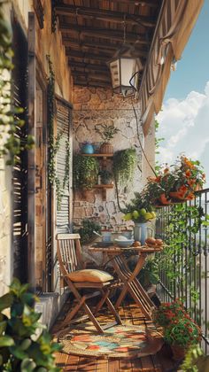 an outdoor patio with chairs, table and potted plants on the outside porch area