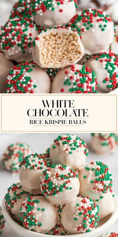 white chocolate rice krispy balls with sprinkles in a bowl on top