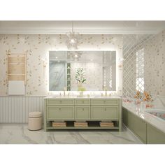 the bathroom is decorated in pastel green and white colors with flowers on the wall