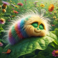 a colorful caterpillar laying on top of a green leaf in the middle of flowers