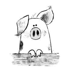 a black and white drawing of a pig in the water with its nose sticking out