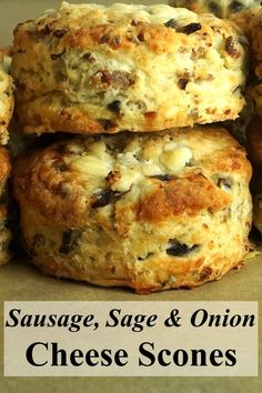 sausage, sage and onion cheese scones stacked on top of each other