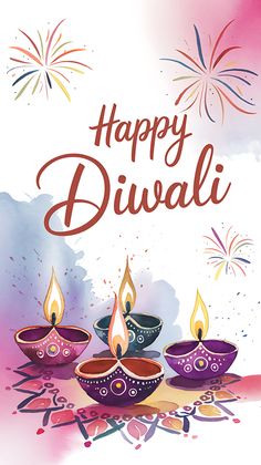 happy diwali greeting card with three lit candles and fireworks in the sky behind it