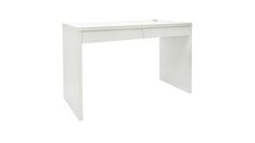 a white desk with two drawers on the top and one drawer at the bottom, in front of a white background