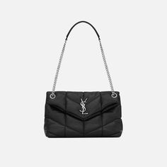 Soft quilted lambskin leather  Double chain handle  Sliding leather insert over the shoulder Flap with magnetic button and metal YSL logo  Grosgrain lining  Interior zippered pocket  Silver finishings  Size: H 7.08" x L  10.6" x D 4.3"   Style: 577476-1el00-1000 Color: Nero / Silver Hardware  Material: Lambskin Leather Winter Lounge, Clogs Heels, Ysl Logo, Double Chain, Socks And Sandals, Fall Kids, Leather Shops, Sandals For Sale, Swim Accessories