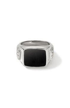 Polished onyx contrasts with sterling silver in a signet ring handcrafted with signature engraving. Sterling silver/onyx Imported Jewellery Rings, Onyx Signet Ring, Cute Engagement Rings, Signet Ring Men, Men's Jewelry Rings, John Hardy, Signet Ring, Onyx, Mens Jewelry