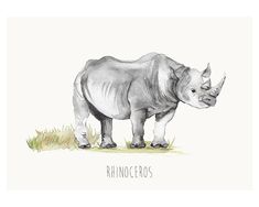 Rhino Art Print - Maison Margot Rhino Art, Unicorn Wall, E Learning, Watercolor Artwork, Painted Wood, White Paints, Pure White, London Uk, Brush Strokes