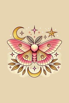 a pink butterfly with stars and crescents on it's wings