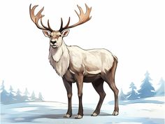 a deer standing in the snow with antlers on it's head and long horns