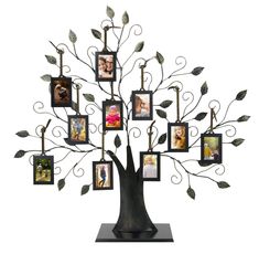 a metal tree with pictures hanging from it's branches and leaves on the sides