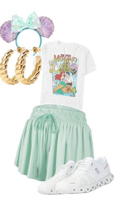 the little mermaid outfit is ready to wear with her hair in ponytails and shoes