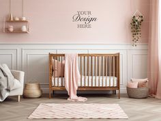 a baby's room with pink walls and wooden furniture, including a crib