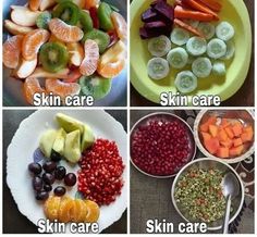 four pictures with different types of fruits and vegetables on them, including carrots, kiwis, skin care, skin care