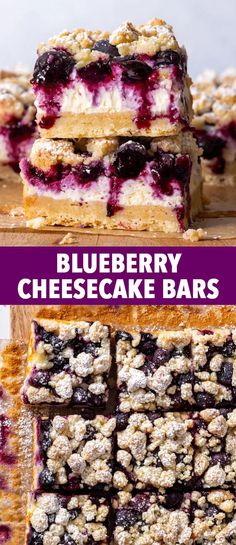 blueberry cheesecake bars stacked on top of each other with the title above it