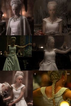 four different pictures of women in dresses and tiaras, one with braids on her head