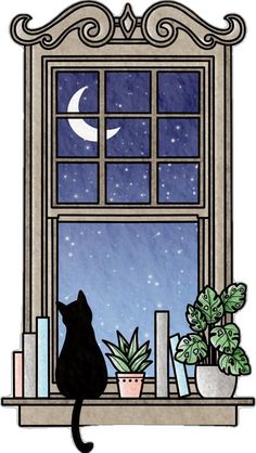 a black cat sitting on top of a window sill next to a potted plant