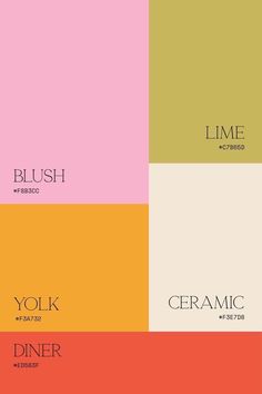 four different colors with the words'youk, ceramic'and'dinner'on them