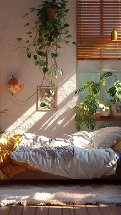 an unmade bed with plants on the wall