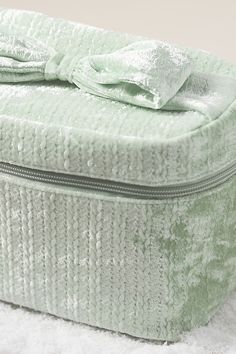 Chic and charming, this makeup case features luxe woven velvet and an adorable bow handle—your new go-to for beauty on the move. | Vanity Cosmetic Case by Anthropologie in Mint, Nylon Makeup Vanity In Bathroom, Cos Bags, Vanity Storage, Elegant Makeup, Vanity Case, Beauty Wellness, Makeup Case, Cosmetic Case, Anthropologie