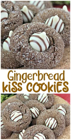 gingerbread kiss cookies with white chocolate and candy canes in the middle on a plate