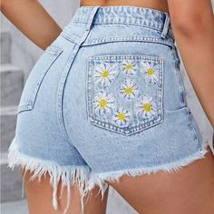 Brand New Embroidered Denim Shorts. Never Worn Embroidered Daisy Flowers On The Right Side Back Pocket. High Waist Denim Blue Bottoms With Floral Embroidery, High-waist Denim Blue Bottoms With Floral Embroidery, Spring Denim Bottoms With Floral Embroidery, Trendy Denim Blue Bottoms With Floral Embroidery, Trendy Floral Embroidered Denim Blue Bottoms, Trendy Embroidered Mid-rise Bottoms, Casual Embroidered Jeans For Summer, Casual Denim Bottoms With Floral Embroidery, Casual High Waist Bottoms With Floral Embroidery