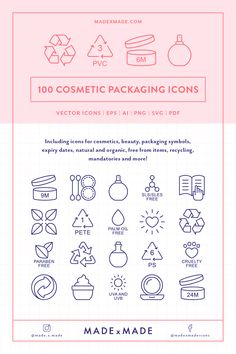 an info sheet with different types of items in it and the text, 100 cosmetic packaging icons