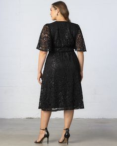 Sparkle at your next soirée in our Starry Sequined Lace Cocktail Dress.  This party dress features a flattering surplice neckline, flirty flutter sleeves and a graceful A-line silhouette.  This sparkly little outfit even has a surprise element - pockets!  Perfect for that best dressed curvy wedding guest or any special occasion from holiday party to formal gala.  This elegant plus-size sequin dress is offered in classic black as well as a seasonal blue-green teal color. Jumpsuit And Cardigan, Plus Size Sequin Dresses, Curvy Wedding, Chic Cardigan, Lace Cocktail Dress, Evening Gown Dresses, Sequin Cocktail Dress, Surplice Neckline, Little Outfits