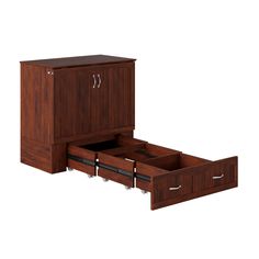 an open drawer with two drawers on each side and one door opened to reveal the bottom section