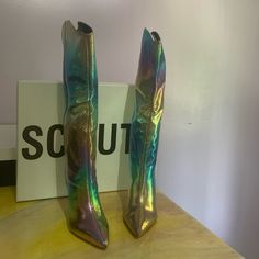 Bring A Flash Of Disco Flair To Your Western Look In This Towering Snakeskin-Embossed Boot With A Striking Iridescent Finish. 3 1/2" Heel 15 3/4" Shaft; 14" Calf Circumference Pull-On Style Leather And Synthetic Upper/Synthetic Lining/Leather Sole Dust Bag Funky Boots, Funky Shoes, Western Look, Fashion Details, Shoes Heels Boots, Knee High Boots, High Boots, Snake Skin, Shoes Women Heels