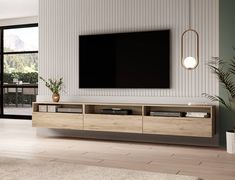 a living room with a large flat screen tv mounted on the wall and two planters in front of it