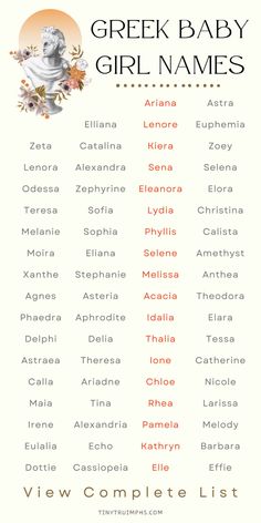 Experience Greek beauty with these beautiful Greek baby girl names! Myth, history and culture all gave these names a long history of beauty and power. Choose a name for your baby goddess today. 🇬🇷🌸 #GreekBabyNames #BabyGirlNames #MythologyNames #ElegantBabyNames Pretty Greek Names, Greek Names For Girls, Greek Last Names, Greek Baby Girl Names, Short Baby Girl Names, Hebrew Girl Names, Classic Girls Names, Greek Girl Names, Strong Baby Girl Names