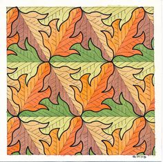 an orange and green leaf pattern is shown in this hand - drawn drawing, which shows the