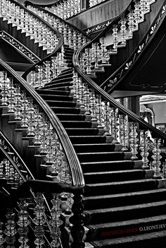 black and white photograph of a staircase with wine glasses on the handrails in front of it