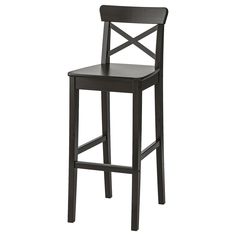 a black wooden bar stool with a cross back design on the seat and footrests