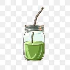 a glass jar filled with green liquid and a straw