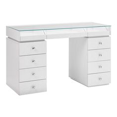 a white desk with drawers and glass top